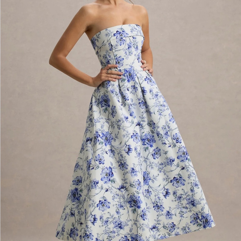 Club L London Strapless White Gown with Blue Floral Print